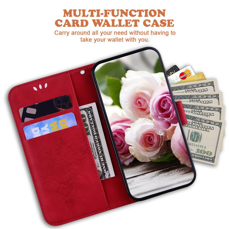 For Google Pixel 7a Anti-collision Imprinted Rose Butterfly PU Leather+TPU Inner Shell Magnetic Closure Wallet Stand Phone Cover with Strap - Red
