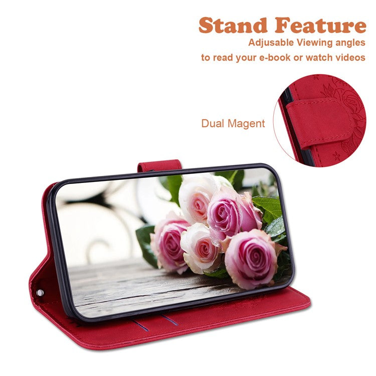 For Google Pixel 7a Anti-collision Imprinted Rose Butterfly PU Leather+TPU Inner Shell Magnetic Closure Wallet Stand Phone Cover with Strap - Red