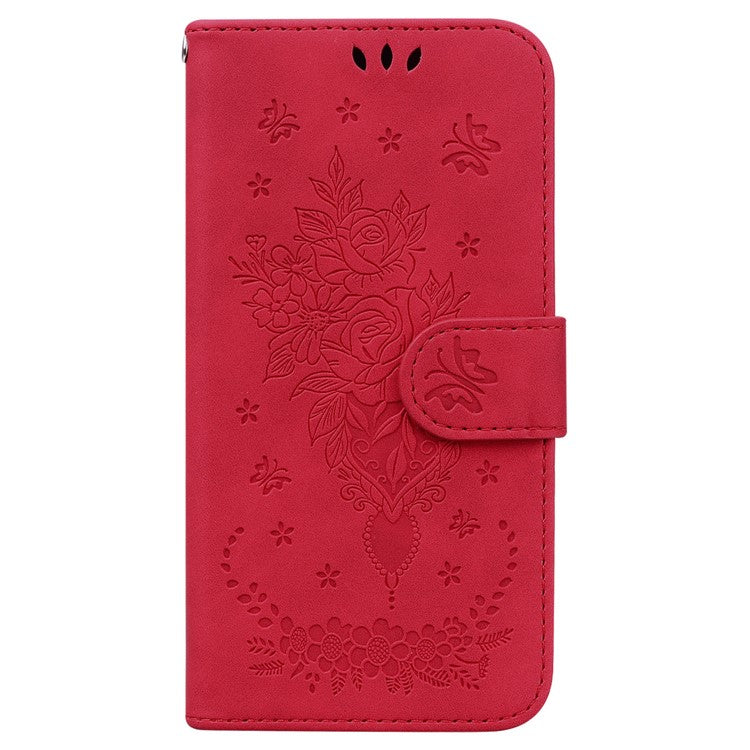 For Google Pixel 7a Anti-collision Imprinted Rose Butterfly PU Leather+TPU Inner Shell Magnetic Closure Wallet Stand Phone Cover with Strap - Red