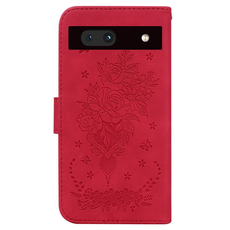 For Google Pixel 7a Anti-collision Imprinted Rose Butterfly PU Leather+TPU Inner Shell Magnetic Closure Wallet Stand Phone Cover with Strap - Red