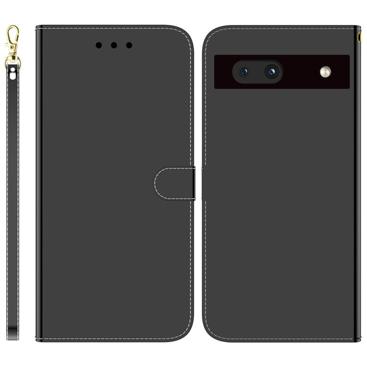 For Google Pixel 7a Mirror-like Surface PU Leather Wallet Phone Case Magnetic Clasp Stand Flip Phone Cover with Strap - Black