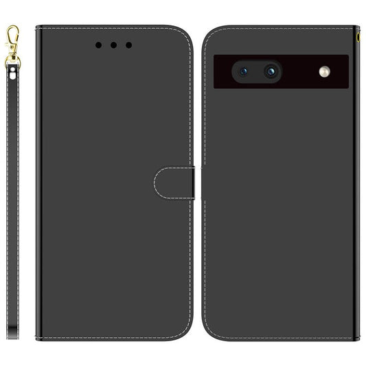 For Google Pixel 7a Mirror-like Surface PU Leather Wallet Phone Case Magnetic Clasp Stand Flip Phone Cover with Strap - Black