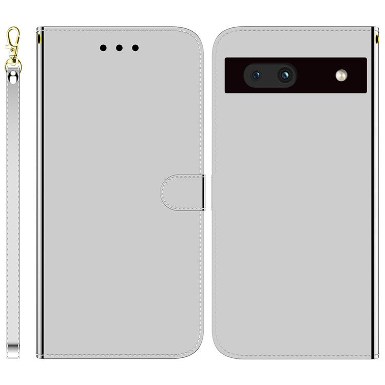 For Google Pixel 7a Mirror-like Surface PU Leather Wallet Phone Case Magnetic Clasp Stand Flip Phone Cover with Strap - Silver