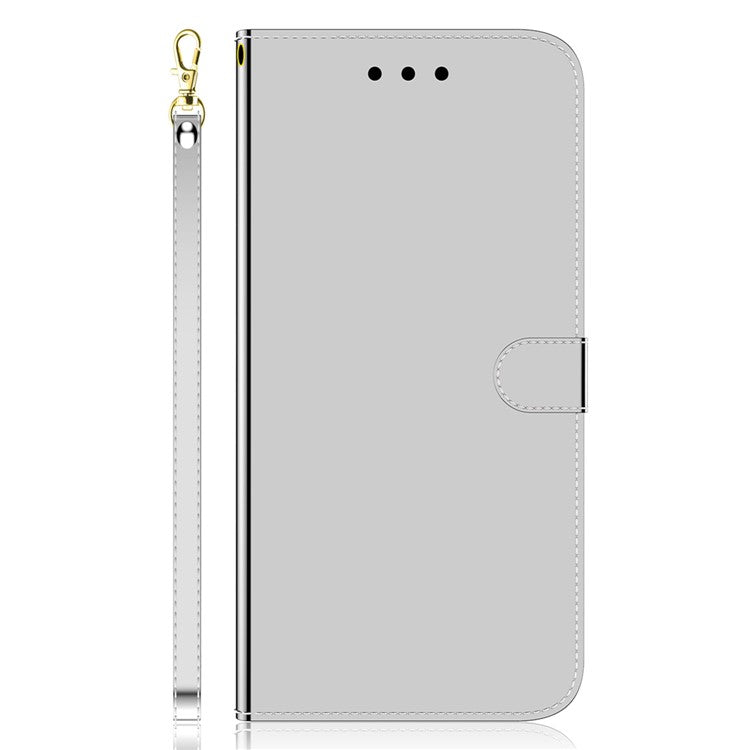 For Google Pixel 7a Mirror-like Surface PU Leather Wallet Phone Case Magnetic Clasp Stand Flip Phone Cover with Strap - Silver