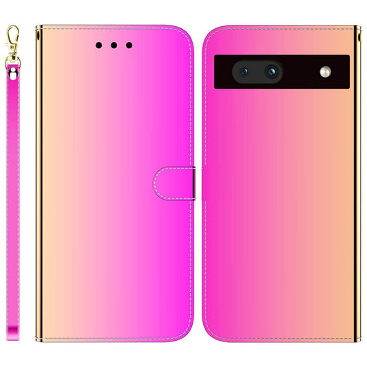 For Google Pixel 7a Mirror-like Surface PU Leather Wallet Phone Case Magnetic Clasp Stand Flip Phone Cover with Strap - Rose