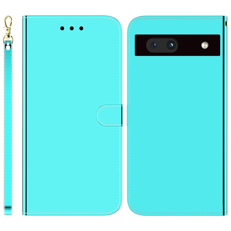 For Google Pixel 7a Mirror-like Surface PU Leather Wallet Phone Case Magnetic Clasp Stand Flip Phone Cover with Strap - Cyan