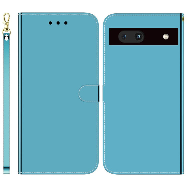 For Google Pixel 7a Mirror-like Surface PU Leather Wallet Phone Case Magnetic Clasp Stand Flip Phone Cover with Strap - Blue
