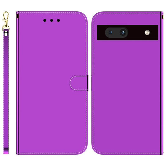 For Google Pixel 7a Mirror-like Surface PU Leather Wallet Phone Case Magnetic Clasp Stand Flip Phone Cover with Strap - Purple