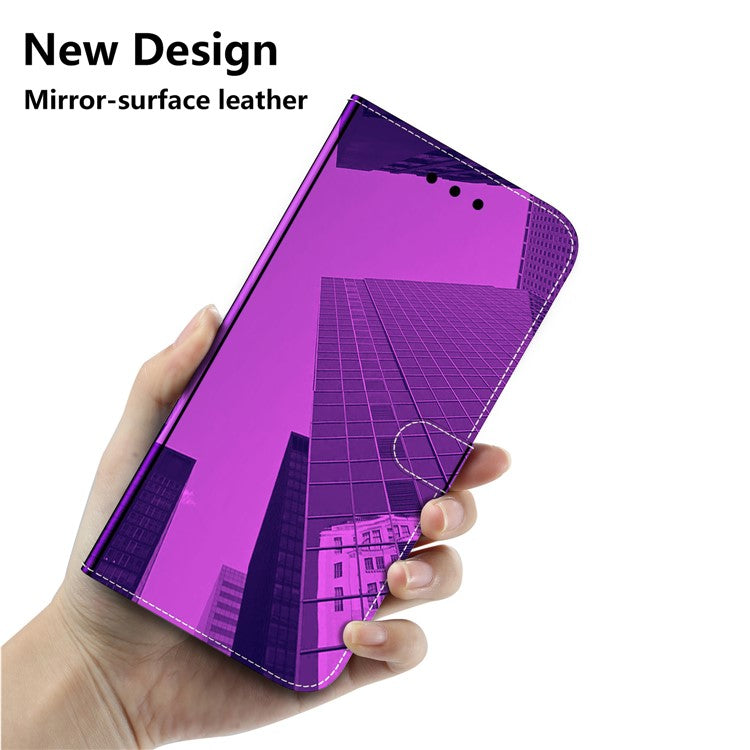 For Google Pixel 7a Mirror-like Surface PU Leather Wallet Phone Case Magnetic Clasp Stand Flip Phone Cover with Strap - Purple