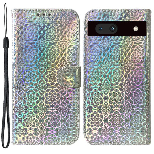 For Google Pixel 7a PU Leather Dazzling Flower Pattern Wallet Case Stand Magnetic Closure Bump Proof Flip Phone Cover with Strap - Grey