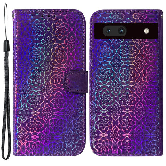 For Google Pixel 7a PU Leather Dazzling Flower Pattern Wallet Case Stand Magnetic Closure Bump Proof Flip Phone Cover with Strap - Purple