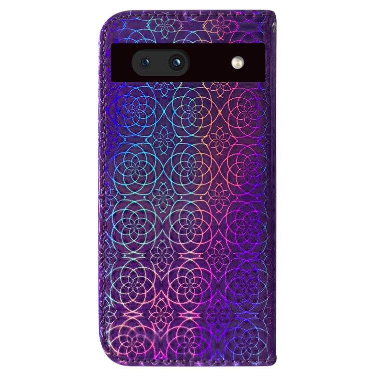 For Google Pixel 7a PU Leather Dazzling Flower Pattern Wallet Case Stand Magnetic Closure Bump Proof Flip Phone Cover with Strap - Purple