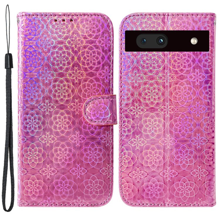 For Google Pixel 7a PU Leather Dazzling Flower Pattern Wallet Case Stand Magnetic Closure Bump Proof Flip Phone Cover with Strap - Pink