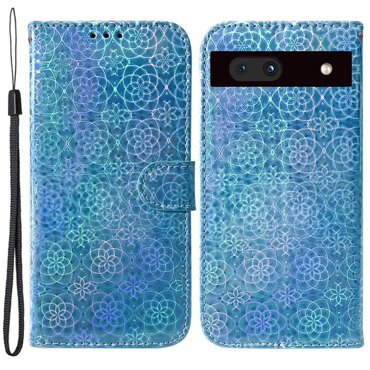 For Google Pixel 7a PU Leather Dazzling Flower Pattern Wallet Case Stand Magnetic Closure Bump Proof Flip Phone Cover with Strap - Blue