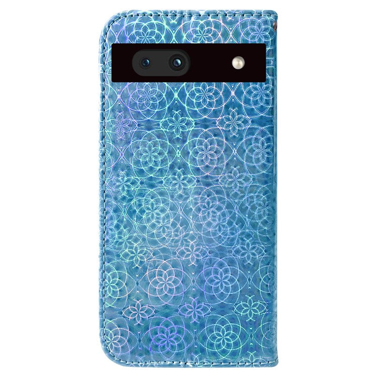 For Google Pixel 7a PU Leather Dazzling Flower Pattern Wallet Case Stand Magnetic Closure Bump Proof Flip Phone Cover with Strap - Blue