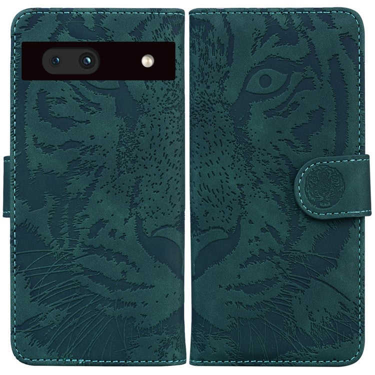 For Google Pixel 7a Tiger Pattern Imprinted Wallet PU Leather Stand Magnetic Clasp Protective Phone Case - Green