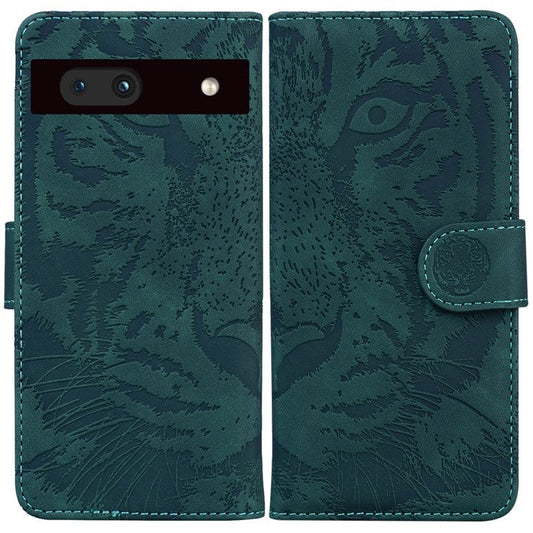 For Google Pixel 7a Tiger Pattern Imprinted Wallet PU Leather Stand Magnetic Clasp Protective Phone Case - Green