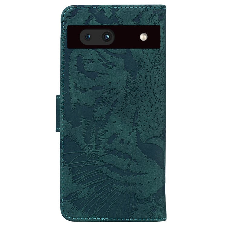 For Google Pixel 7a Tiger Pattern Imprinted Wallet PU Leather Stand Magnetic Clasp Protective Phone Case - Green