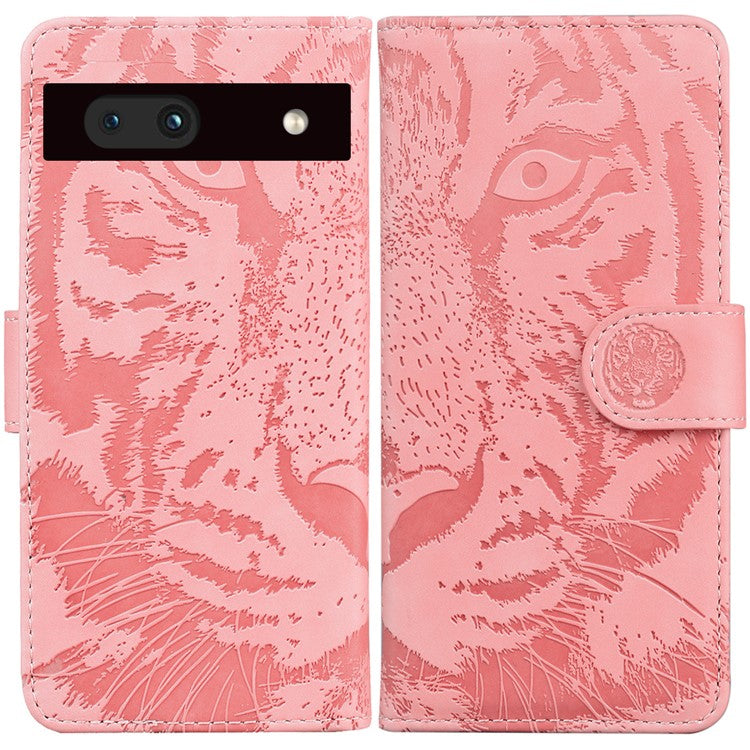 For Google Pixel 7a Tiger Pattern Imprinted Wallet PU Leather Stand Magnetic Clasp Protective Phone Case - Pink