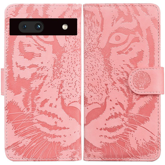For Google Pixel 7a Tiger Pattern Imprinted Wallet PU Leather Stand Magnetic Clasp Protective Phone Case - Pink