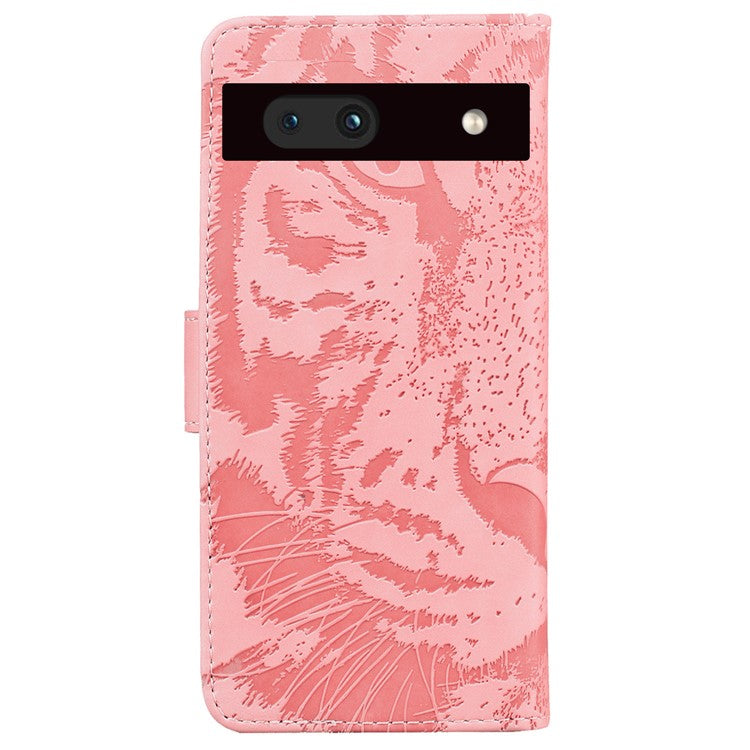 For Google Pixel 7a Tiger Pattern Imprinted Wallet PU Leather Stand Magnetic Clasp Protective Phone Case - Pink