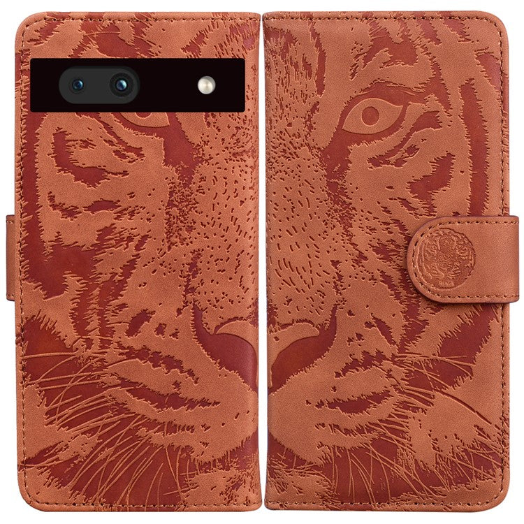 For Google Pixel 7a Tiger Pattern Imprinted Wallet PU Leather Stand Magnetic Clasp Protective Phone Case - Brown