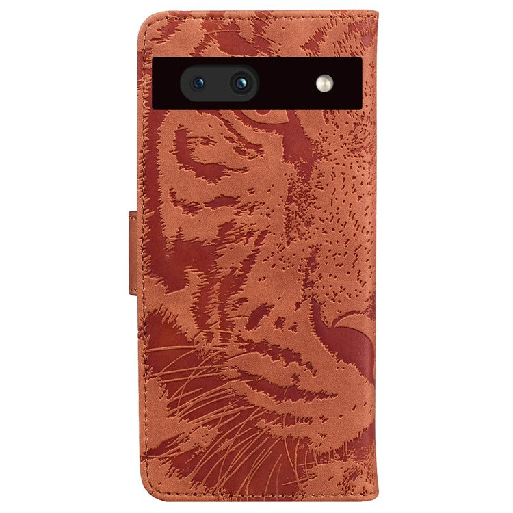 For Google Pixel 7a Tiger Pattern Imprinted Wallet PU Leather Stand Magnetic Clasp Protective Phone Case - Brown