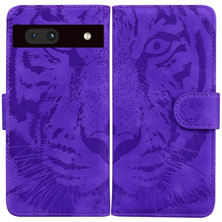 For Google Pixel 7a Tiger Pattern Imprinted Wallet PU Leather Stand Magnetic Clasp Protective Phone Case - Purple
