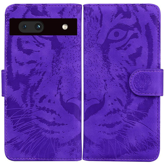 For Google Pixel 7a Tiger Pattern Imprinted Wallet PU Leather Stand Magnetic Clasp Protective Phone Case - Purple