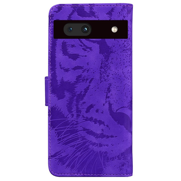 For Google Pixel 7a Tiger Pattern Imprinted Wallet PU Leather Stand Magnetic Clasp Protective Phone Case - Purple