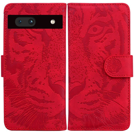 For Google Pixel 7a Tiger Pattern Imprinted Wallet PU Leather Stand Magnetic Clasp Protective Phone Case - Red