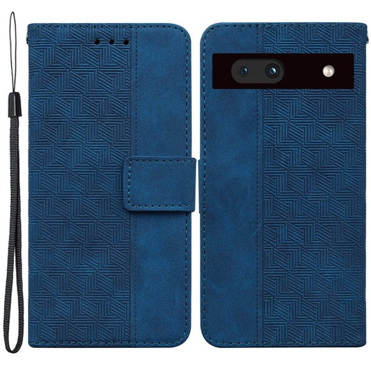 Imprinted Geometry Pattern Phone Case for Google Pixel 7a, Anti-Scratch PU Leather Magnetic Closure Wallet Stand Phone Cover - Blue