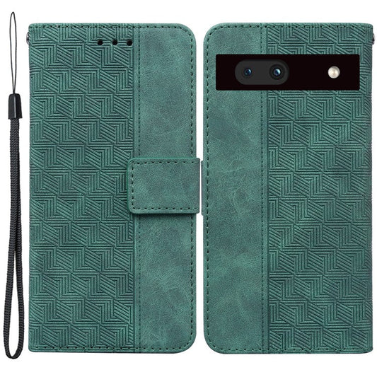 Imprinted Geometry Pattern Phone Case for Google Pixel 7a, Anti-Scratch PU Leather Magnetic Closure Wallet Stand Phone Cover - Green