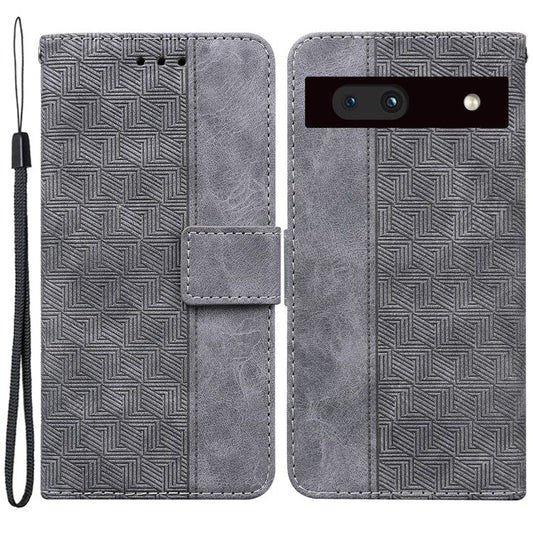Imprinted Geometry Pattern Phone Case for Google Pixel 7a, Anti-Scratch PU Leather Magnetic Closure Wallet Stand Phone Cover - Grey