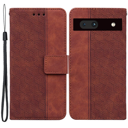 Imprinted Geometry Pattern Phone Case for Google Pixel 7a, Anti-Scratch PU Leather Magnetic Closure Wallet Stand Phone Cover - Brown