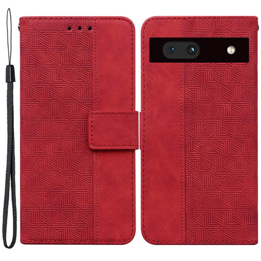 Imprinted Geometry Pattern Phone Case for Google Pixel 7a, Anti-Scratch PU Leather Magnetic Closure Wallet Stand Phone Cover - Red