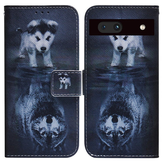 For Google Pixel 7a PU Leather Folio Wallet Case Pattern Printing Stand Magnetic Closure Phone Cover - Dog and Wolf