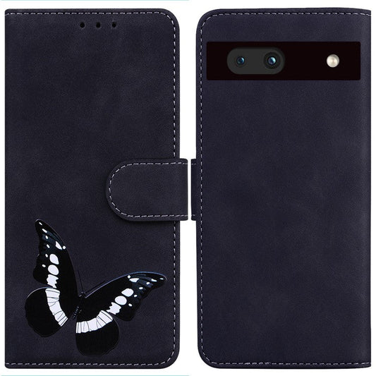 For Google Pixel 7a Skin-touch Feeling Phone Shell Big Butterfly Pattern Printing Wallet PU Leather Stand Cover Case - Black