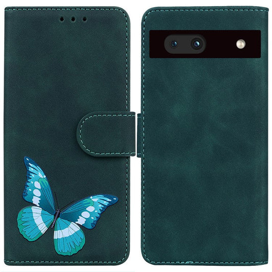 For Google Pixel 7a Skin-touch Feeling Phone Shell Big Butterfly Pattern Printing Wallet PU Leather Stand Cover Case - Green