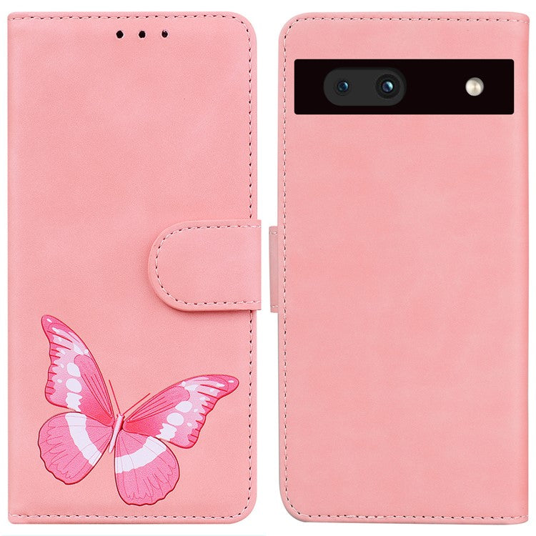 For Google Pixel 7a Skin-touch Feeling Phone Shell Big Butterfly Pattern Printing Wallet PU Leather Stand Cover Case - Pink