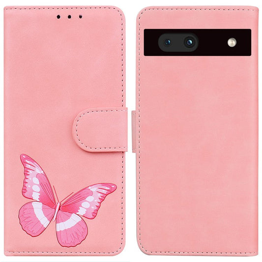 For Google Pixel 7a Skin-touch Feeling Phone Shell Big Butterfly Pattern Printing Wallet PU Leather Stand Cover Case - Pink
