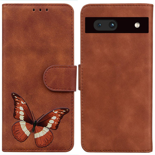 For Google Pixel 7a Skin-touch Feeling Phone Shell Big Butterfly Pattern Printing Wallet PU Leather Stand Cover Case - Brown