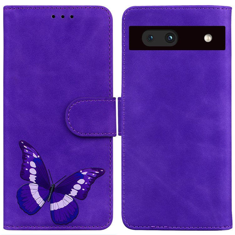 For Google Pixel 7a Skin-touch Feeling Phone Shell Big Butterfly Pattern Printing Wallet PU Leather Stand Cover Case - Purple