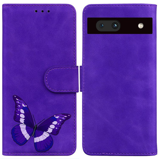 For Google Pixel 7a Skin-touch Feeling Phone Shell Big Butterfly Pattern Printing Wallet PU Leather Stand Cover Case - Purple