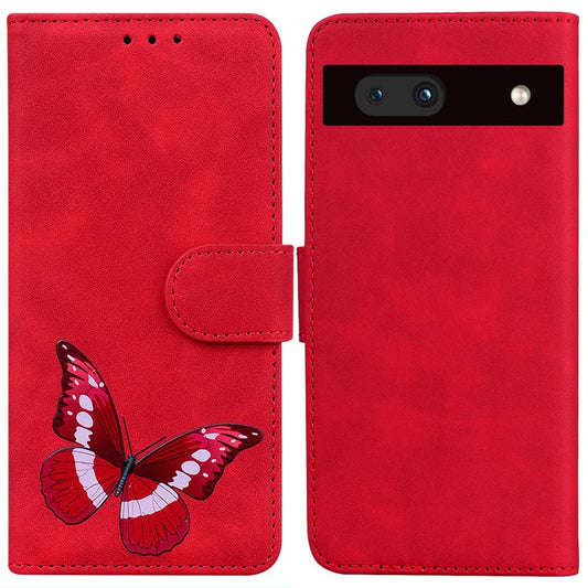 For Google Pixel 7a Skin-touch Feeling Phone Shell Big Butterfly Pattern Printing Wallet PU Leather Stand Cover Case - Red
