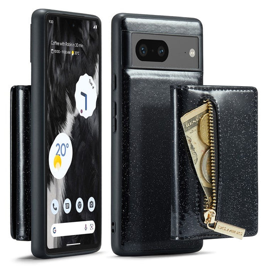 DG.MING M3 Series For Google Pixel 7 5G Magnetic Detachable Glitter Bling Powder PU Leather Phone Cover Wallet Kickstand Shockproof Phone Case - Black