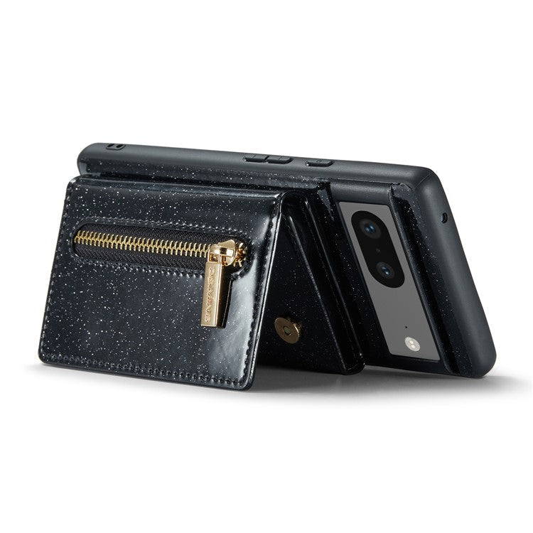 DG.MING M3 Series For Google Pixel 7 5G Magnetic Detachable Glitter Bling Powder PU Leather Phone Cover Wallet Kickstand Shockproof Phone Case - Black