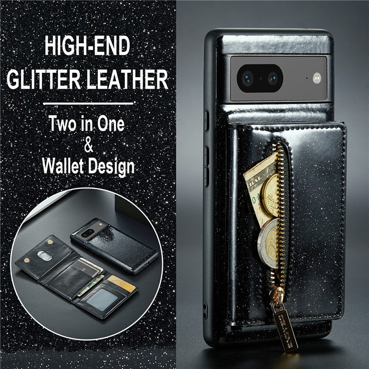DG.MING M3 Series For Google Pixel 7 5G Magnetic Detachable Glitter Bling Powder PU Leather Phone Cover Wallet Kickstand Shockproof Phone Case - Black