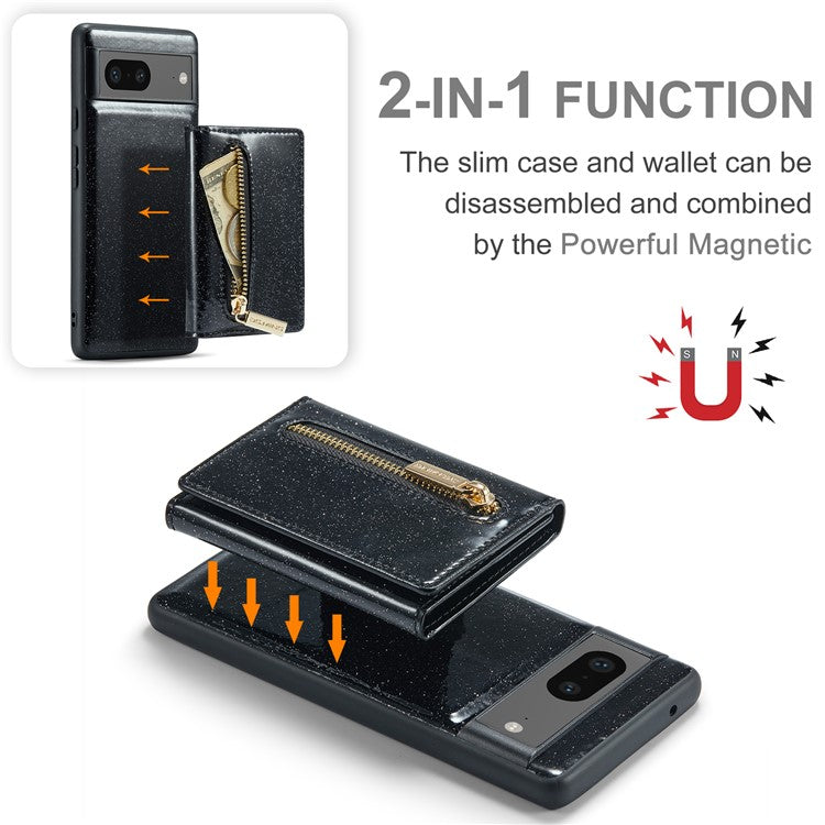 DG.MING M3 Series For Google Pixel 7 5G Magnetic Detachable Glitter Bling Powder PU Leather Phone Cover Wallet Kickstand Shockproof Phone Case - Black