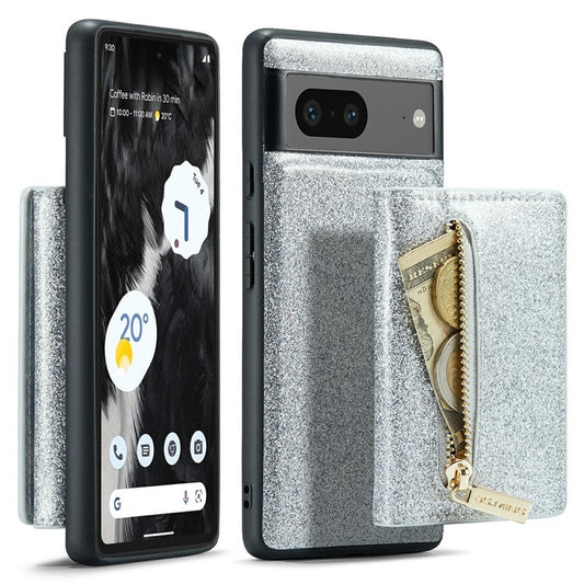 DG.MING M3 Series For Google Pixel 7 5G Magnetic Detachable Glitter Bling Powder PU Leather Phone Cover Wallet Kickstand Shockproof Phone Case - Silver